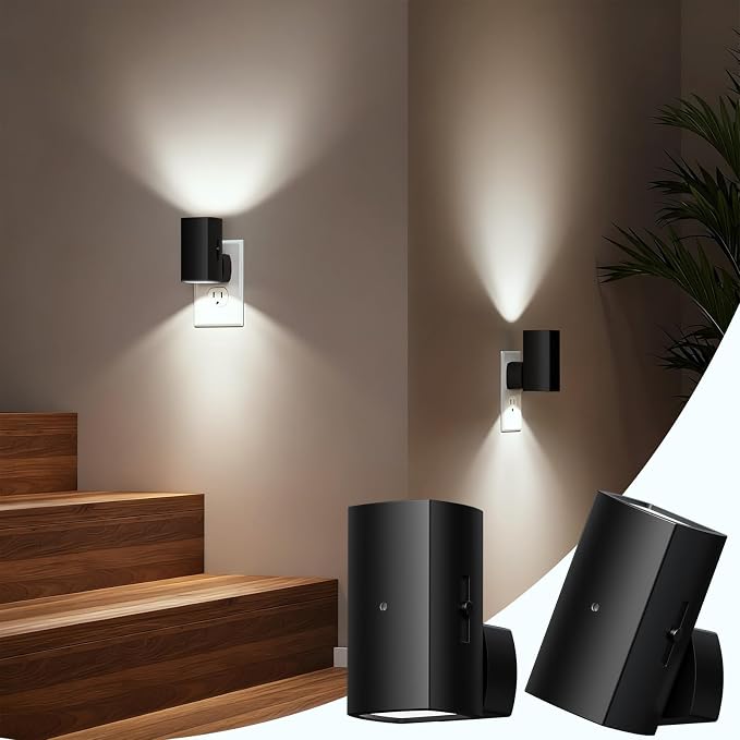 Brightown BL-WM-Square-Black-PW-2PC | Modern Night Light with Rotating Plug, Dusk to Dawn Sensor, 0-100LM Stepless Dimming Night Light for Hallway Bedroom Bathroom