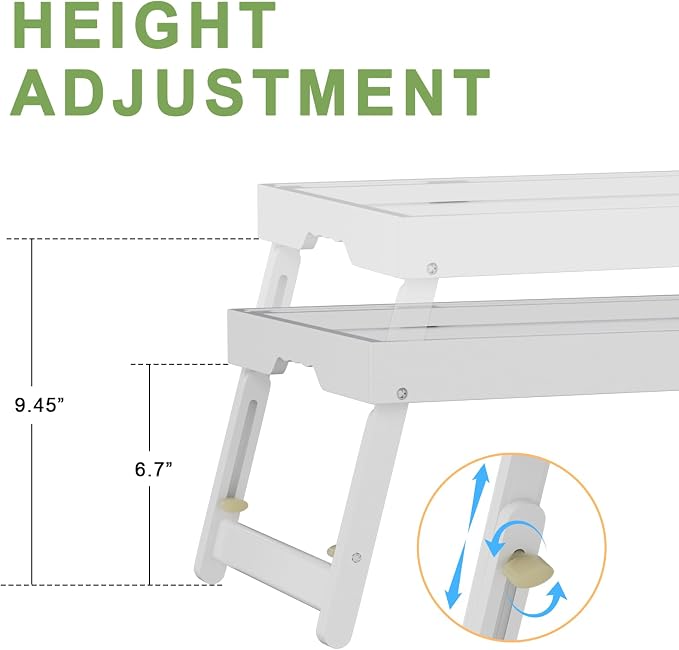 Artmeer Adjustable Bamboo Bed Tray Table with Device Slot, Large, White | Adjustable FSC-certified bamboo bed tray with device slot, folding legs and handles for meals, laptops and reading in bed.