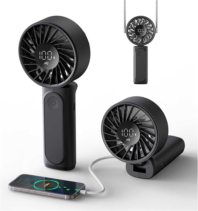Peiyuu Handheld Fan, Portable Fan, 4000mAh Rechargeable Personal, 180° Foldable Mini Desk Fan with 6 Wind Speed, LCD Digital Display, Lanyard as Neck, Ultra Quiet, Pocket Size for Indoor Outdoor