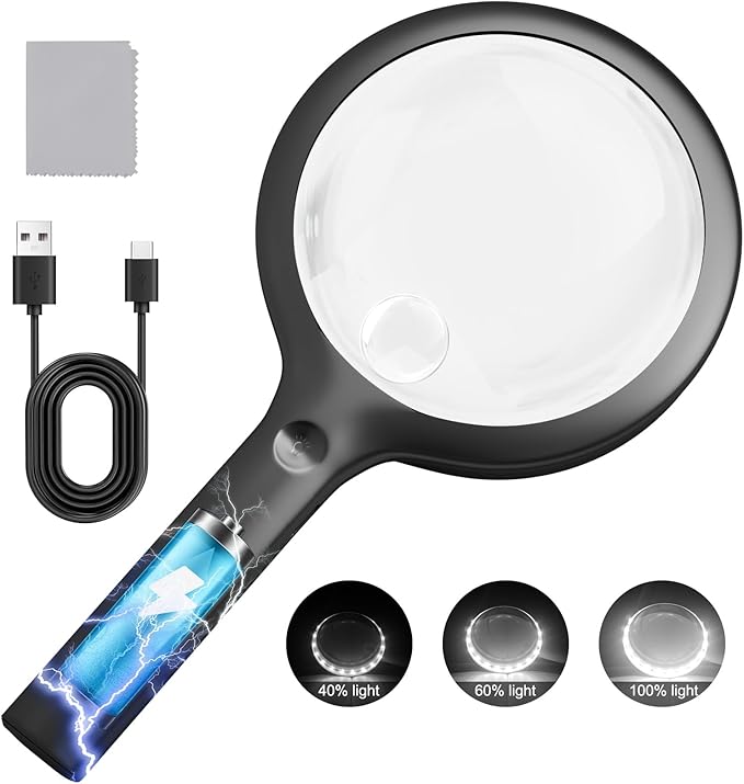 30X 40X Charge Magnifier with Light, NUEYiO 4.33Inch Large Handheld Magnifying Glass with Light, 20 Daylight LEDs & Third Gear Dimming Lighted Magnifying Glass for Seniors Reading Jewelry -Black