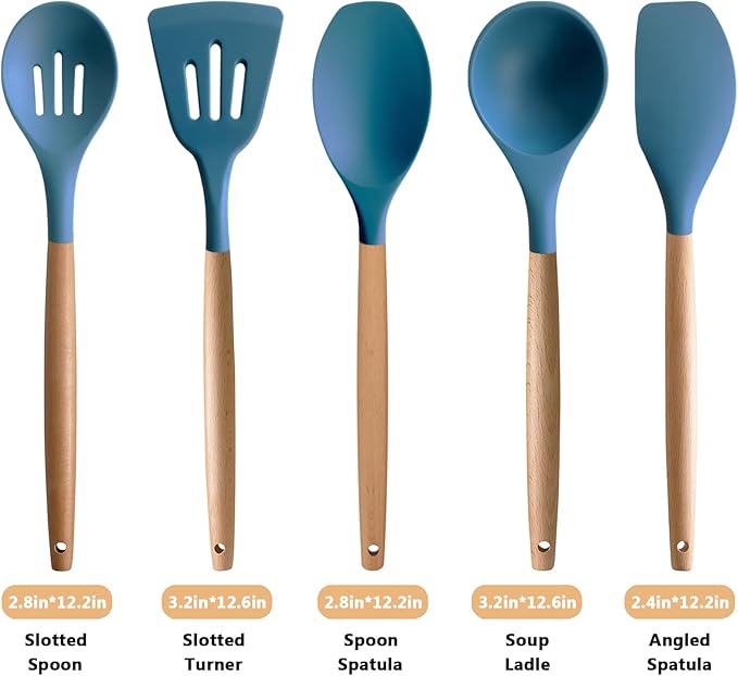 Silicone Kitchen Cooking Utensils Set 5Pcs Non-Stick Silicone Kitchen Utensils Set Spatula Spoon Turner Ladle with Wooden Handle, Heat Resistant Cooking Gadgets for Nonstick Cookware BPA-FREE