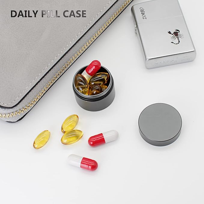 Portable Daily Pill Case, Heavy Duty Aluminium Alloy Round Pill Box, Waterproof Travel Pill Organizer, Pocket Purse Medicine Vitamin Holder EDC Container for Outdoor Camping Working