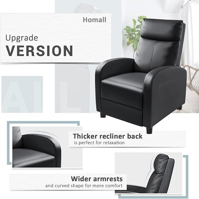 Homall Recliner Chair, Recliner Sofa Leather for Adults Dark Black Recliner | Massage Home Theater Seating with Lumbar Support, Reclining Sofa Chair for Living Room