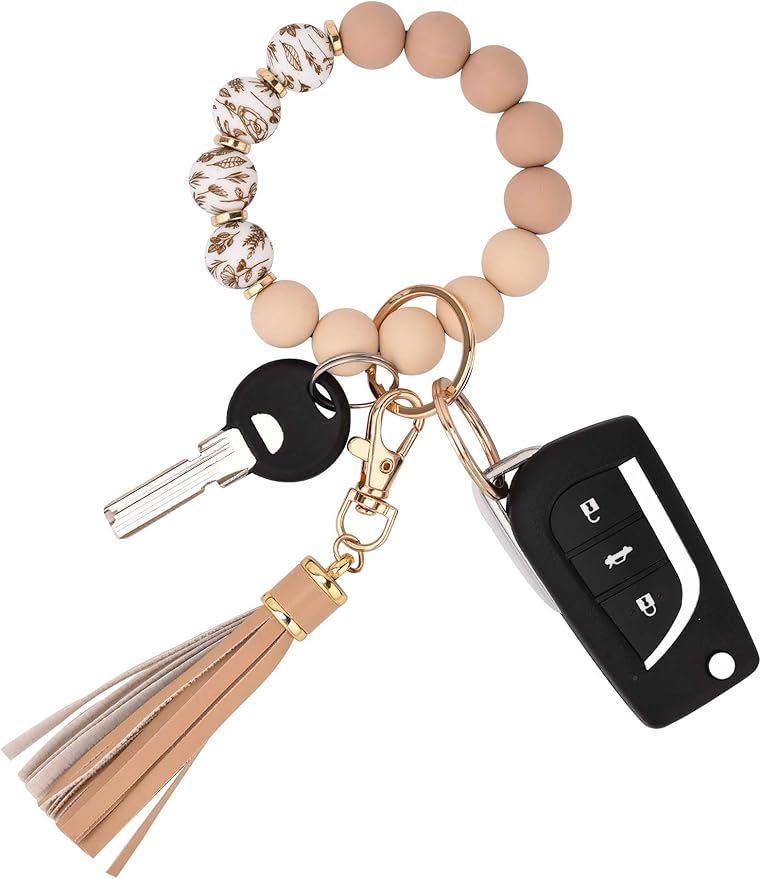 BAOSIWA Silicone Beaded Bracelet Keychain Wristlet Key Ring Bangle Chains for Women with Leather Tassel