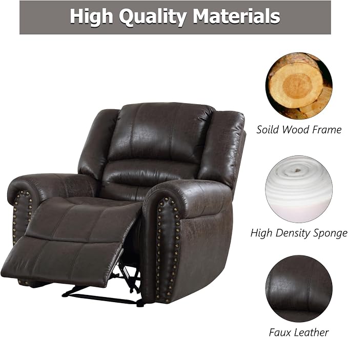 Leather Recliner Chair, Classic and Traditional Manual Recliner Chair with Comfortable Arms and Back Single Sofa for Living Room, Dark Grey
