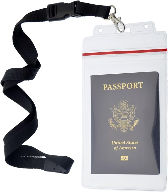5 Pack - Passport & Vaccination Card Holder - Heavy Duty Waterproof Tear Resistant Sleeve with Zip Top & Premium Breakaway Lanyard - 4X6 Insert for Cruise, Travel, & Beach Vacation Documents (Black)