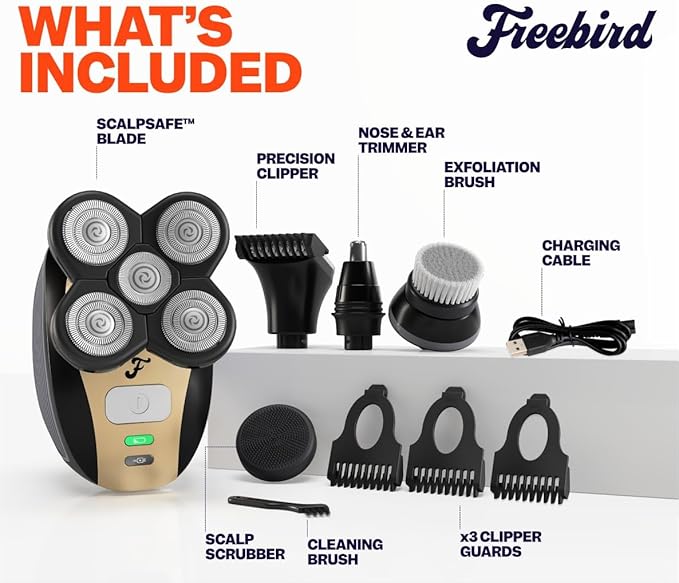 Freebird Electric Head & Body Hair Shaver - Mens Cordless Waterproof Razor with Rotary Blades (FlexSeries, Shaver Kit + One Blade Refill)
