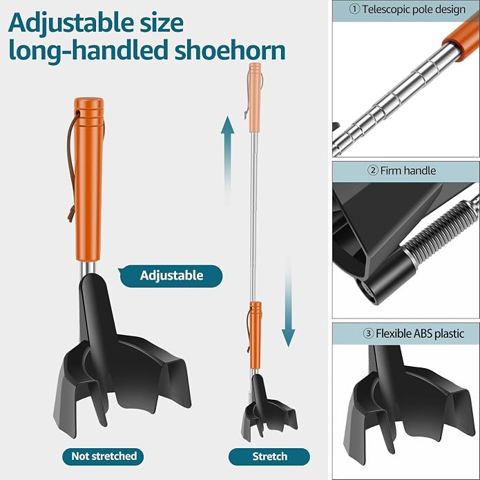 30 Inch Shoe Horn Long Handle for Seniors, Telescopic Shoe Horn, Adjustable Shoe Horn, Shoe Funnel with Extended Handle, Funnel Shoehorn Helper, Senior Shoehorn Assist Tool for Casual Sport Shoe