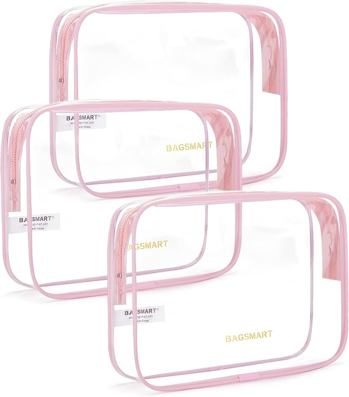 BAGSMART Clear Toiletry Bag 3-Pack TSA Approved Water-Repellent, Pink | Carry on Travel Accessories Bag, Airport Airline Quart Size Bags for Women Men, Makeup Cosmetic Bag