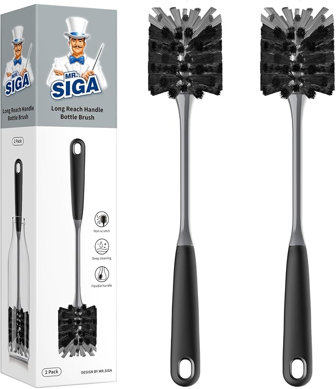 MR.SIGA Long Handle Bottle Brush, Non-Scratch Water Bottle Brush Cleaner | 2 pack bottle brushes for cleaning, drinking glasses brush with non slip handle, 5.8 cm(2.3 inch) wide brush head