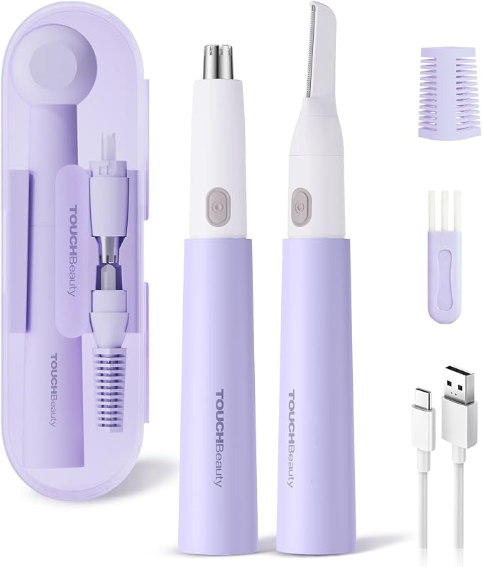 TOUCHBeauty Nose and Ear Hair Trimmer for Women Men, 2-in-1 USB-C Rechargeable Eyebrow Trimmer & Facial Hair Removal, Waterproof Dual-Edge Nasal Hair Clipper with Storage Case (Purple)