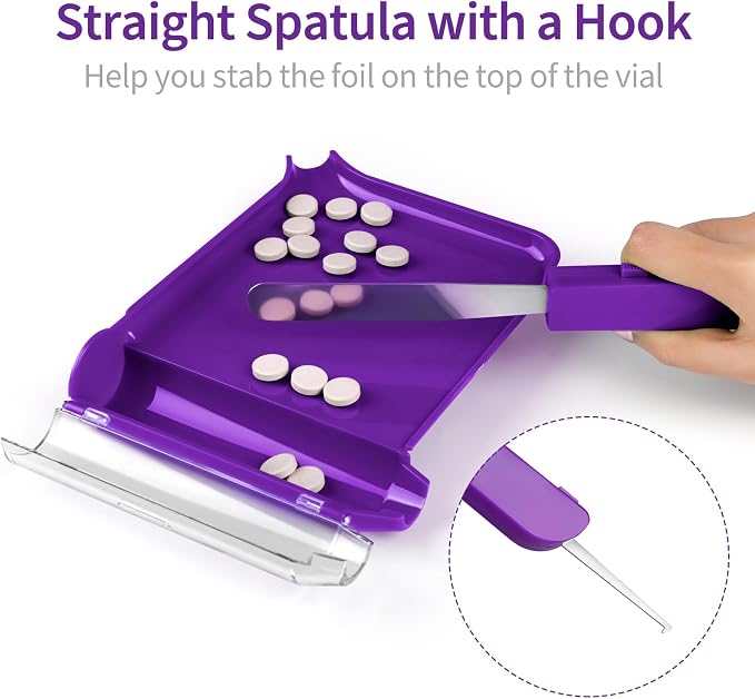 Opret Right Hand Pill Counting Tray with 2 Spatulas, Pill Counter with A Straight Spatula & A L-Spatula for Pharmacy to Count Meds Pills Tablets, Purple