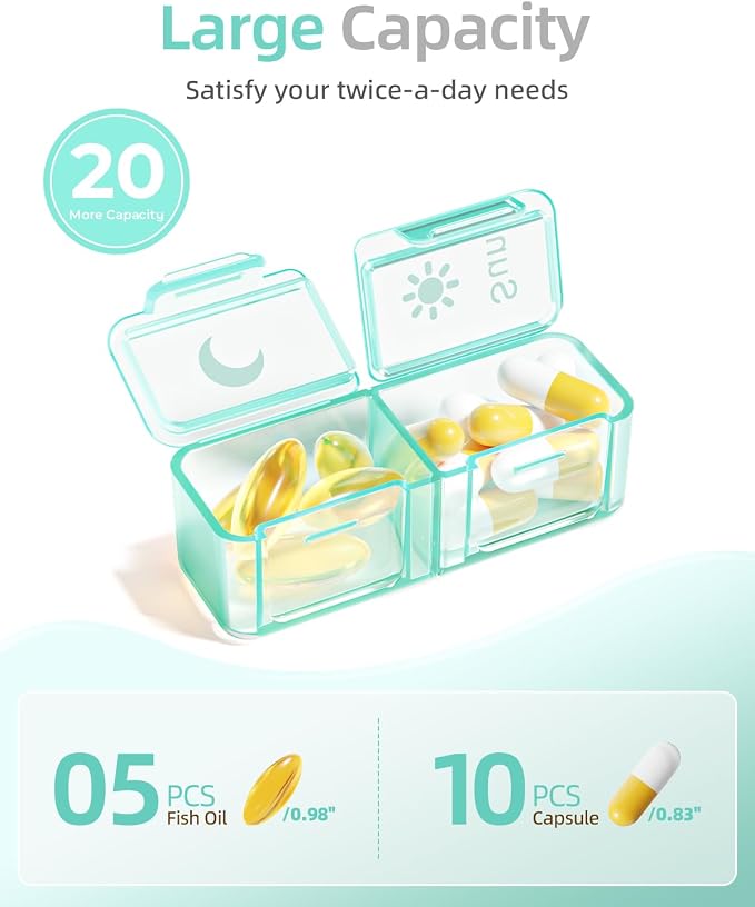 Betife AM PM Pill Organizer 7 Day, Weekly Pill Organizer 2 Times a Day, Daily Pill Box AM PM, Portable Travel Medicine Case, Day and Night Pill Container for Medication, Vitamin or Supplement（GN）