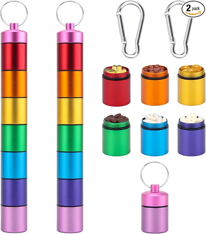 Small Portable Pill Case Keychain for Travel, AngleKai 2 Pack Pill Organizer Box, Waterproof Tablet Container Weekly Medicine Bottle Organizer (Rainbow)