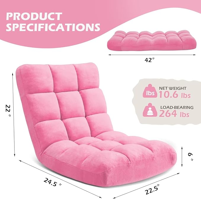 Folding Floor Gaming Chair 14-Poistion Cushioned Adjustable Floor Lazy Sofa Chair w/Breathable Cotton & Skin-Friendly Coral Velve for Adults & Kids Perfect for Reading Gaming Meditating, Pink
