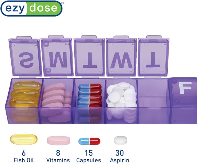 EZY DOSE Weekly (7-Day) Pill Case, Medicine Planner, Vitamin Organizer Box, Convenient and Easy to Use, X-Large Compartments, Travel Friendly, Purple, BPA Free