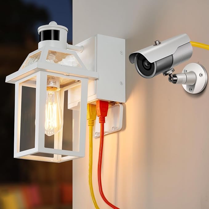 Yisuro Porch Lights with GFCI Outlet, Dusk to Dawn Motion Sensor Outdoor, 3 Lighting Modes Exterior Light Fixture, Outside for House Front Door Patio Garage(White)
