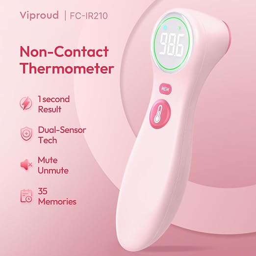 Viproud No-Touch Thermometer for Kids and Adults, 1-Second Reading, Pink | Forehead & Object Mode, Fever Indicator, Large Clear LED, Silent Mode, Home Medical, Nurse Accessories, Lifetime Support