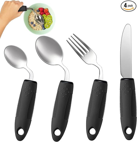 4-Piece Adaptive Utensils Set - 42° Angled Parkinsons Utensils, 2.5 oz Weighted Utensils for Tremors and Parkinsons Patients, Easy Grip Weighted Silverware for Hand Tremors (Right-Handed)