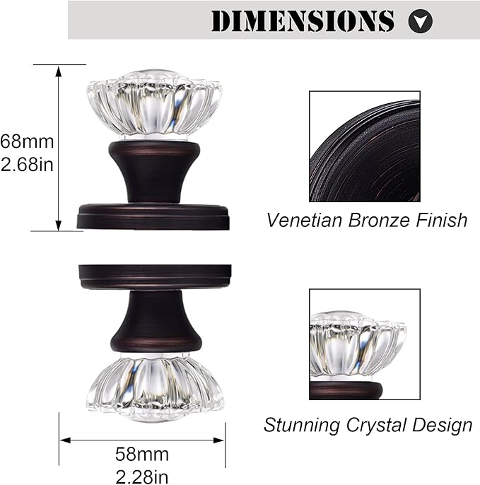 Glass Door Knobs Interior for Hall and Closet, Crystal Half-Dummy Door Knob, Venetian Bronze (2 Pack) | for Hall and Closet, Venetian Bronze (2 Pack)