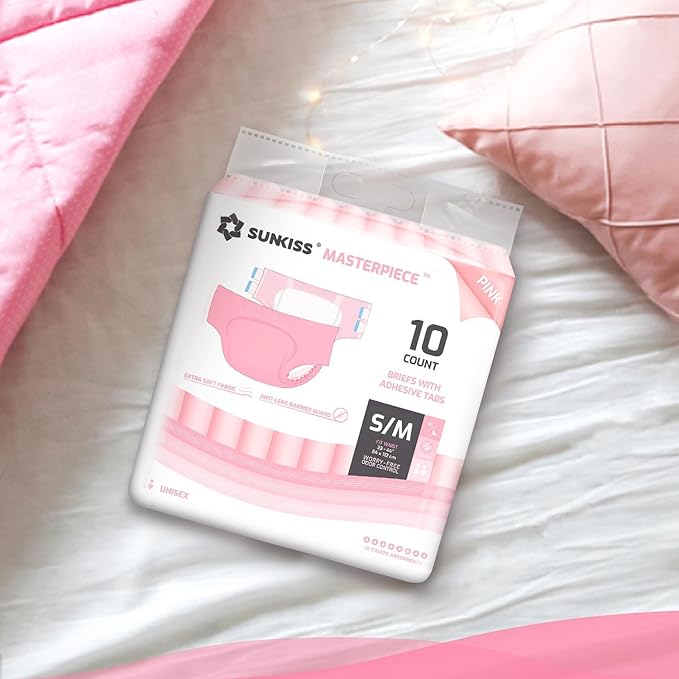 SUNKISS Masterpiece Adult Diapers with Tabs, Unisex Disposable Incontinence Briefs for Women and Men, Odor Control, Pink, Small/Medium, Previously Medium,10 Count