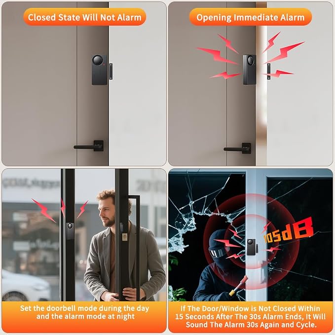 WSDCAM Door Alarm When Door Opens, Wireless 110dB Anti-Theft with Remote, Door Bells Chimes, Magnetic Security Alarms for Door, Window, Cabinet, Pool Safety for Kids, Alzheimer's Care (Black, 2 Pack)