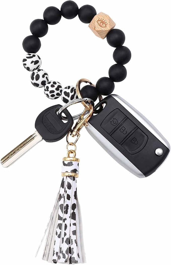 BAOSIWA Silicone Beaded Bracelet Keychain Wristlet Key Ring Bangle Chains for Women with Leather Tassel