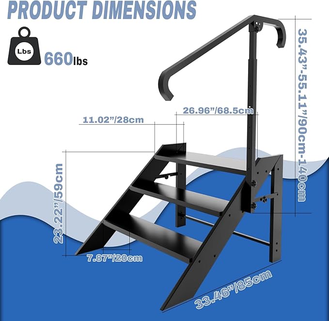 Step Ladder, Foldable Step Stool, 3 Step Folding RV Steps with Handrail, Camper Steps Outdoor, for Reaching High, Travel Trailer, Mobile Home, Spa