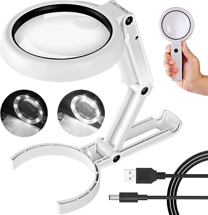 Magnifying Glass with Light and Stand, Foldable Handheld Large Magnifying Glass, Dual Brightness LED Illuminated Lighted Magnifier for Macular Degeneration, Seniors Reading, Close Work, Coins, Jewelry