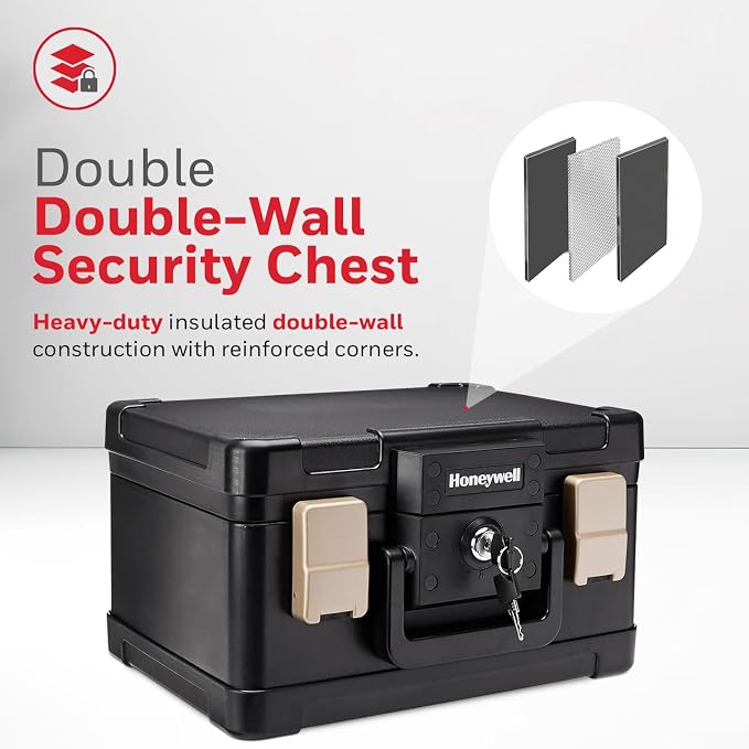 Honeywell Safes & Door Locks - Fireproof & Waterproof Small Safe Box Chest for Home - Fits Folded Letter Size Documents - Strong ABS Plastic - Document Box with Key Lock System - 0.15 CU, Black, 1102