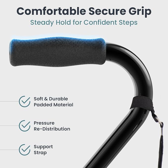 PELEGON Quad Cane (300 lb) - Adjustable Walking Cane with A Large 4 Pronged Base for Extra Balance & Stability, Walking Canes for Seniors, Walking Cane for Men & Women, Walking Sticks