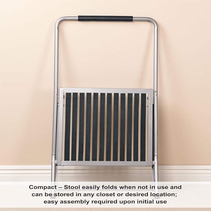 LivingSURE Extra Wide Folding Step Stool with Foam-Grip Handle – Non-Slip Surface, Lightweight Steel Frame, Adds 8" Height – Compact Safety Step for Kitchen, Bathroom, Bedroom & Indoor Use