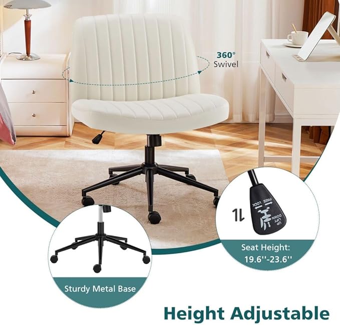 Criss Cross Chair with Wheels, Ergonomic Armless Swivel Comfy Vanity Seat, Wide Back Support and Adjustable Height for Home Office Bedroom Computer Gaming Makeup, Beige Leather