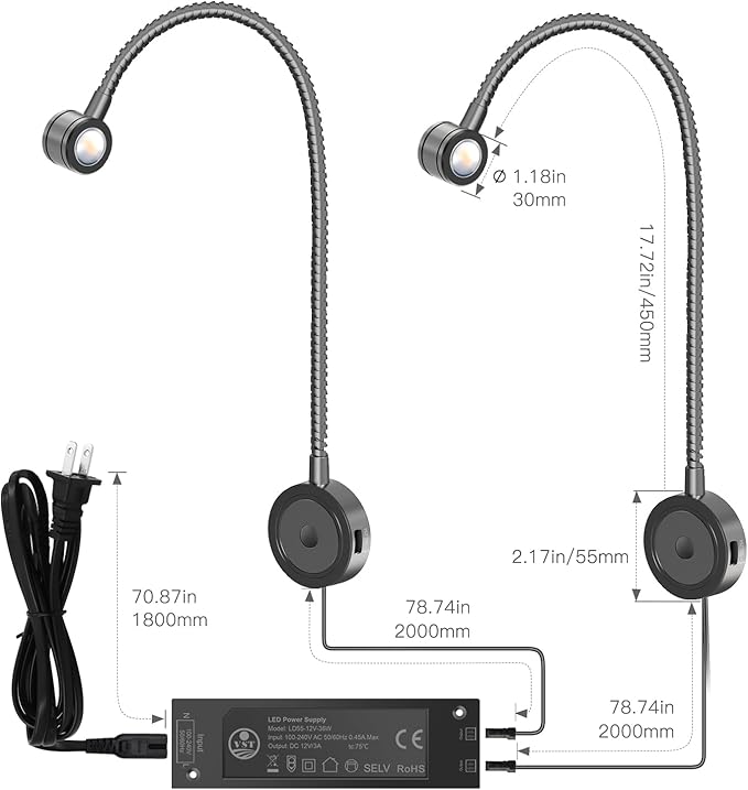 VST Bed Reading Lights for Headboard, Bedside Wall Mounted Reading Lamp, Reading Light Touch to Adjust Brightness with USB/Type-C Charging Ports, ETL-Listed