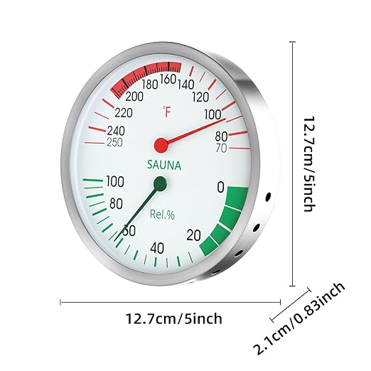 Stainless Steel Sauna Hygrometer Thermometer with Color-Coded Dial 5" Large Display,70-250°F, 0-100%,Heat-Resistant,Easy to Read Humidity Temperature Gauge for Home Spa, Steam Rooms