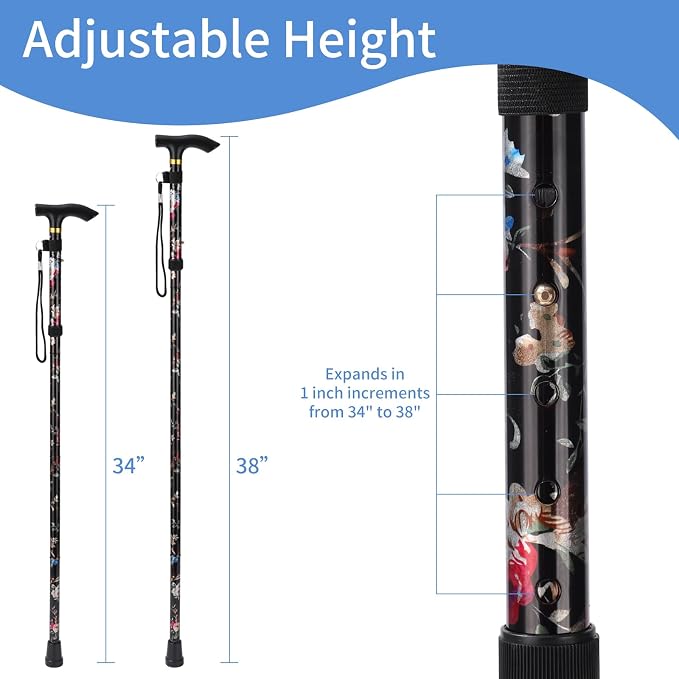 Walking Cane, Folding Cane for Man & Women, Portable Lightweight | 5-Level Adjustable Height, Collapsible Cane for Seniors Balancing Mobility Aid