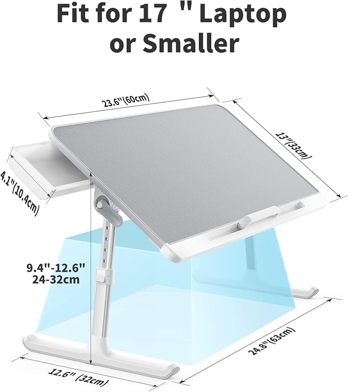 SAIJI Laptop Bed Tray Table - Adjustable Lap Desk for Couch (Gray) | Fits 17" Laptop, Work From Home & Dorm Study, with Storage Drawer & PVC Leather