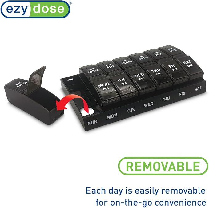 EZY DOSE Weekly, AM/PM Daily Pill Organizer, 7-Day Medicine Planner, Vitamin Container, Small Pop-Out Compartments, 2 Times a Day Pill Holder, Black, Travel-Friendly, BPA Free