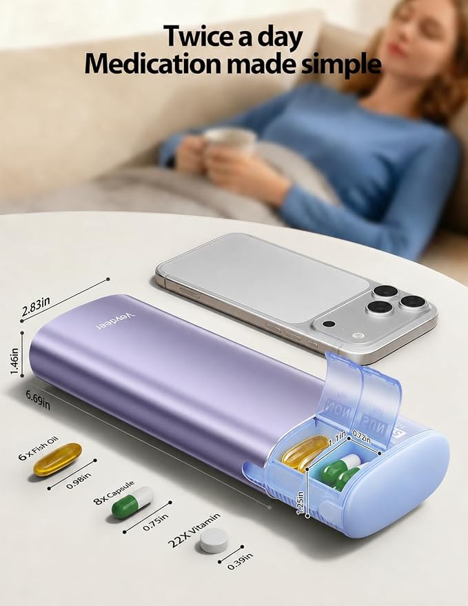 Vaydeer 7 Day Weekly Pill Organizer 2 Times a Day, Metal Am Pm Travel Pill Case, Large Capacity Twice Daily Cute Pill Box for Supplements, Pills, Vitamins and Medication (Purple)