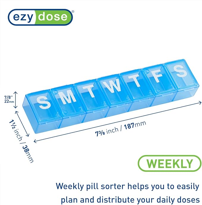 Ezy Dose Weekly (7-Day) Pill Organizer, X-Large Medicine Planner, Blue | Spacious Compartments for Pills & Supplements, Durable Design, Easy-Open Lids, Perfect for Home & Travel Use, BPA-Free