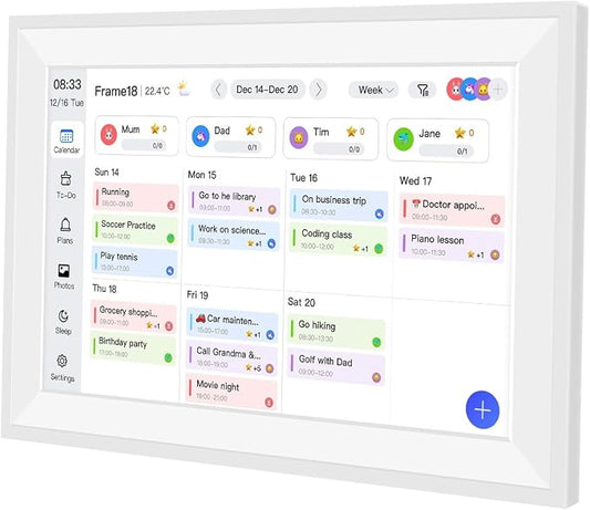 10.1" Smart Digital Wall Calendar Interactive Display for Family Schedules Wall Planner with Chore Charts Meal Planning Task Rewards 32GB Storage 1280x800P IPS Touchscreen Digital Picture Frame White