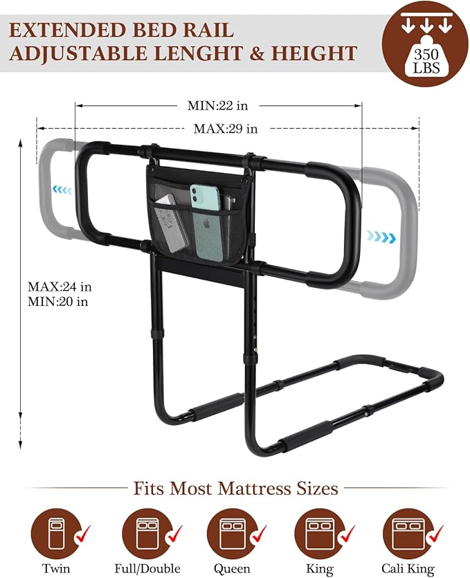 Bed Rails for Elderly Adults Safety, Extended Bed Assist Rail for Seniors with Motion Sensor Light - Adjustable Side Bed Guard Rails Handle Support Bar with Storage Bag, Fit King Queen Full Twin Beds