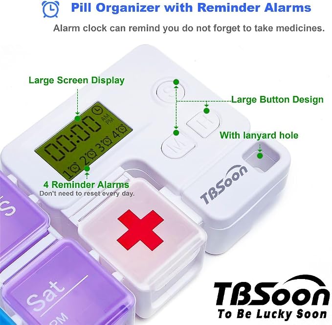 7 Day Medicine Pill Organizer, 4 Reminder Alarms, Loud Sound, 14 Large Compartments, Large Screen, Moisture-Proof, Travel Weekly/Daily Pill Box/Organizer/Case/Container/Dispenser, AM/PM 2 Times a Day