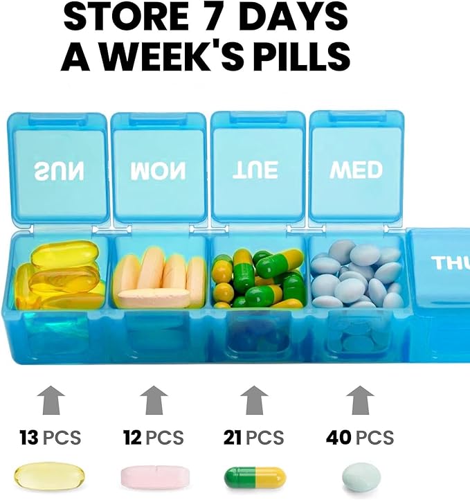 Sukuos Extra Large Weekly Pill Organizer, 7 Day Daily Pill Box Case Arthritis Friendly, Silkscreen Printed Medicine Container with Clear Lid for Vitamins, Fish Oils or Supplements (Blue)