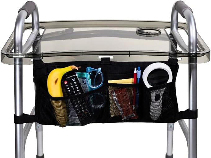 StrongArm Clear View Walker Tray + Bag + Non-Slip Mat & Cup Holder, Tray for Folding Walkers, Food Tray, Walker Accessories, Tray Table for Standard Adult Walkers (Black)