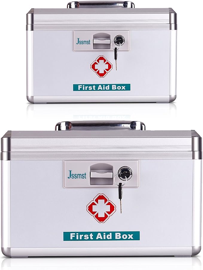 Jssmst Medication Lock Box with Key, Medicine Lock Box for Medication Storage, First Aid Box Locked Medicine Case, Key Safe Locking Box for Drugs Use, 12 x 7.4 x 8.1 inches, Silver