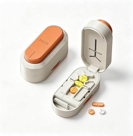 Pill Cutter Splitter for Small and Tiny Large Pills,Adjustable Pill Splitter Push-Button Cuts into 1/2, 1/3, 1/4，Comes with a Small Brush and a Medicine Storage Box (Orange, Press-Cut)
