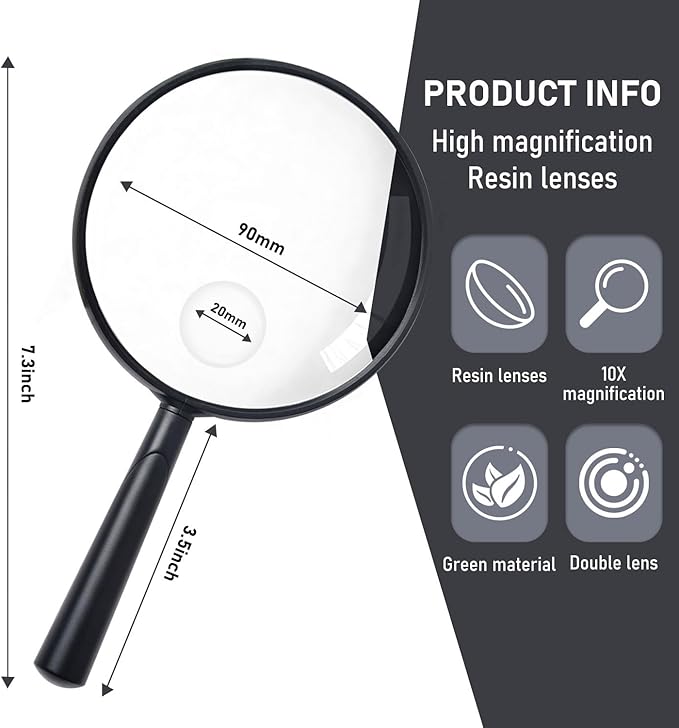 Feosky Handheld Reading Magnifier, 10X Magnifier, 90mm Shatterproof Lens, Adults Close Work Non-Slip Handle for Seniors Reading and Nature Exploration(Black)