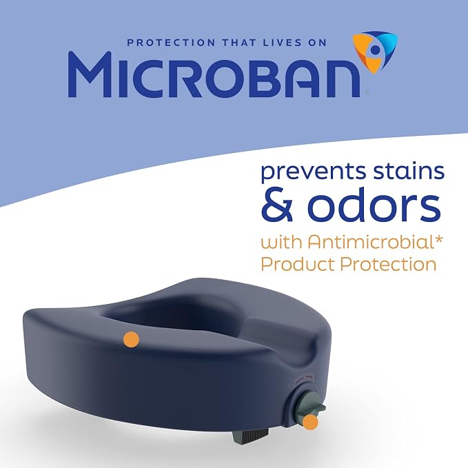 Medline Elevated Locking Toilet Seat, No Arms, 5-Inch Height, Enhanced with Microban Antimicrobial Protection, 350 lb Weight Capacity, Blue - Secure & Comfortable, Easy Installation