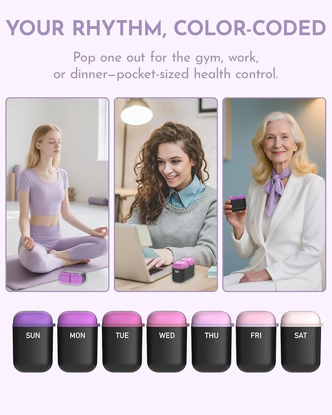 Weekly Pill Organizer, 7 Day Travel Medicine Pill case with Moisture-Proof Silicone Lid, Large AM PM Daily Pill Organizer 2 Times a Day for Vitamins & Supplements, Secure Zipper Pill Box(Purple)